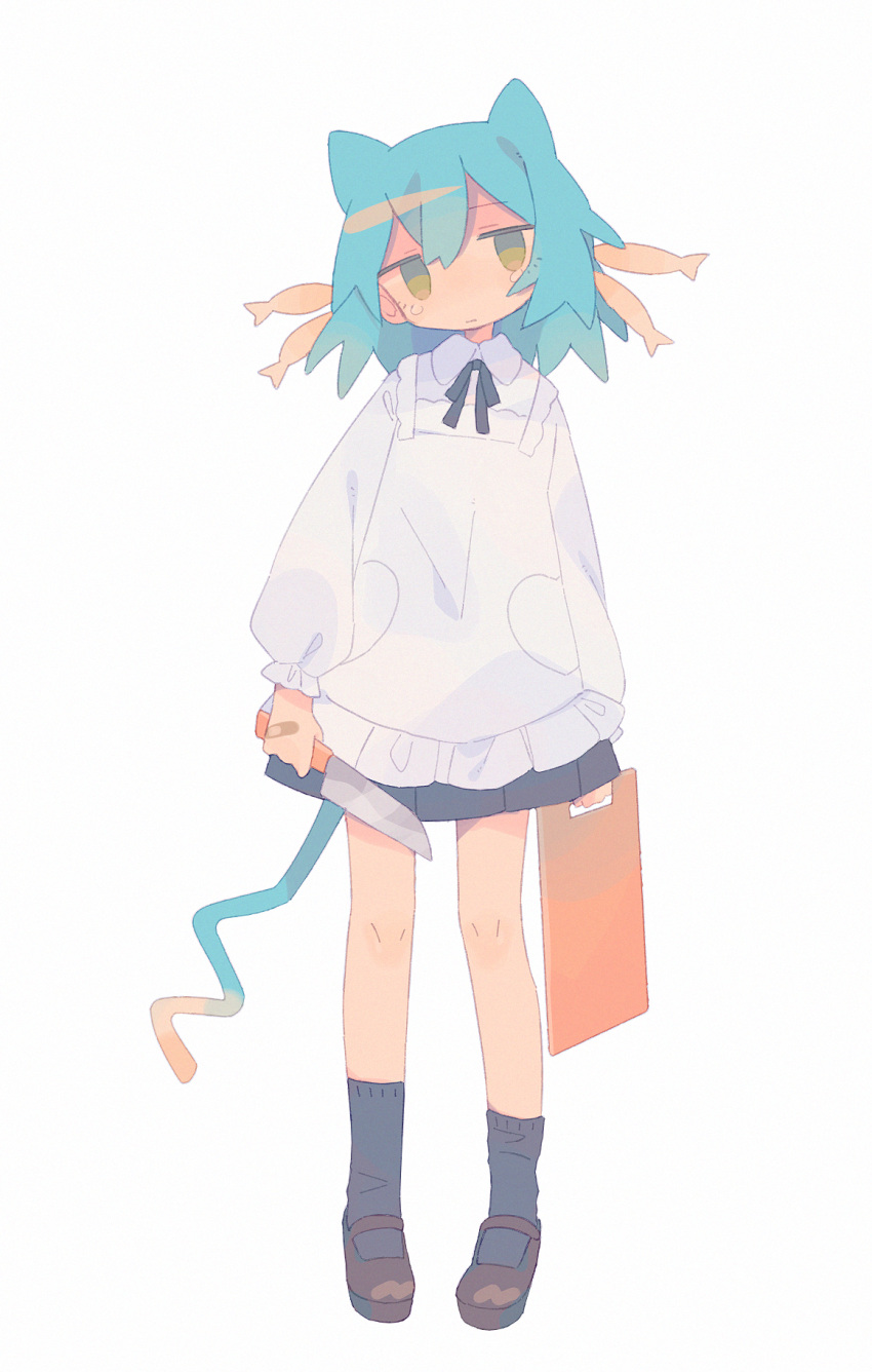 1girl animal_ears apron blue_hair brown_footwear cat_ears cat_girl cat_tail daizu_(melon-lemon) full_body gradient head_tilt highres holding knife looking_at_viewer mary_janes original pleated_skirt shoes short_hair skirt socks standing tail tears