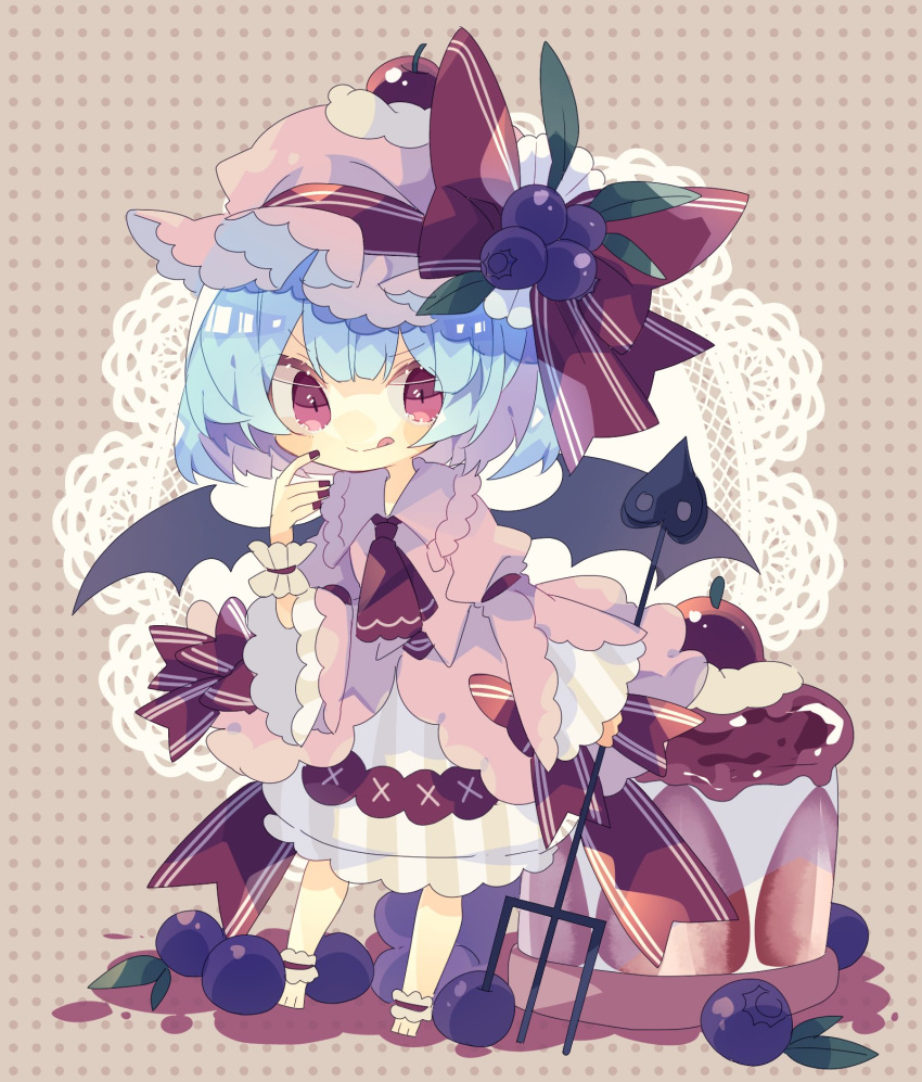 1girl :q ankle_cuffs bangs barefoot bat_wings blue_hair blueberry bow brown_background cake cherry commentary_request dress eyebrows_visible_through_hair food fruit full_body hair_between_eyes hand_up hat hat_bow highres holding holding_weapon juliet_sleeves lace laevatein leaf long_sleeves looking_at_viewer mob_cap nail_polish nikorashi-ka pink_dress pink_headwear polearm polka_dot polka_dot_background puffy_sleeves red_bow red_eyes red_nails remilia_scarlet short_hair smile solo standing striped tongue tongue_out touhou trident vertical_stripes weapon wide_sleeves wings wrist_cuffs