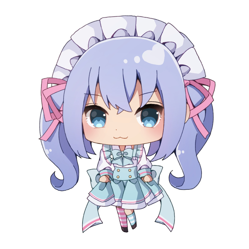 :3 absurdres bangs big_head black_footwear blue_bow blue_eyes blue_hair blue_skirt blush bow chibi closed_mouth copyright_request eyebrows_visible_through_hair full_body hair_between_eyes hair_ribbon high-waist_skirt highres kneehighs long_hair long_sleeves maid_headdress mismatched_legwear pink_ribbon pleated_skirt ribbon sapphire_(sapphire25252) shirt shoes sidelocks simple_background single_kneehigh single_thighhigh skirt standing standing_on_one_leg striped striped_legwear thigh-highs twintails virtual_youtuber white_background white_shirt
