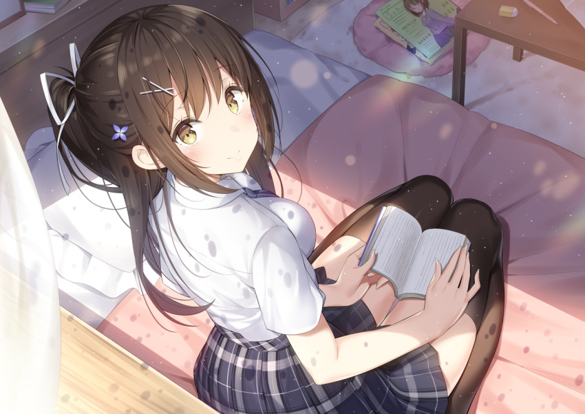 1girl bangs bed blush book breasts brown_eyes brown_hair brown_legwear closed_mouth collared_shirt commentary_request curtains day eraser eyebrows_visible_through_hair flower frilled_pillow frills from_behind grey_skirt hair_flower hair_ornament hair_ribbon hairclip hatsuki_kaname indoors long_hair looking_at_viewer looking_back mechanical_pencil on_bed open_book original pencil pillow plaid plaid_skirt pleated_skirt ponytail purple_flower ribbon seiza shirt short_sleeves sidelocks sitting skirt small_breasts smile solo table thigh-highs white_ribbon white_shirt