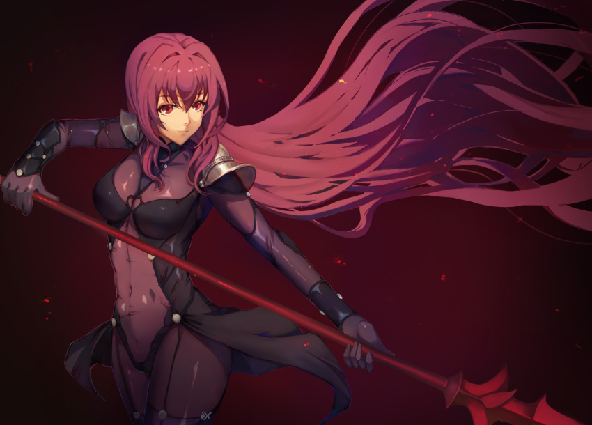 1girl ankle_boots bangs blush bodysuit boots breasts covered_navel fate/grand_order fate_(series) gae_bolg highres holding holding_weapon large_breasts long_hair looking_at_viewer looking_to_the_side manna_(pixiv8805037) mask pauldrons pink_eyes polearm purple_bodysuit purple_hair scathach_(fate)_(all) scathach_(fate/grand_order) shoulder_armor sitting smile solo spear very_long_hair weapon