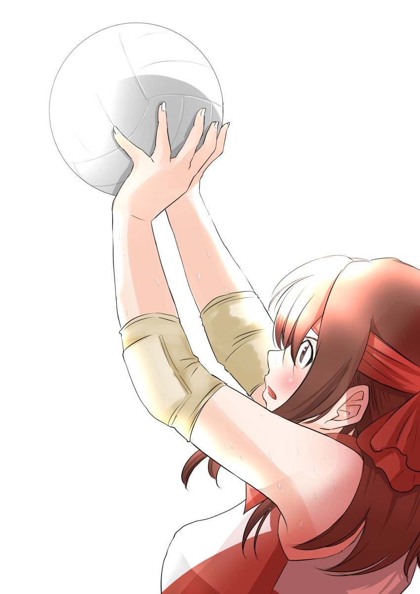 1girl absurdres arms_up ball bangs brown_eyes brown_hair commentary elbow_pads from_side frown girls_und_panzer headband highres holding holding_ball kondou_taeko medium_hair open_mouth oze_(xyz_go_go11) red_headband red_shirt shirt simple_background sleeveless sleeveless_shirt solo sportswear standing sweat volleyball volleyball_uniform white_background