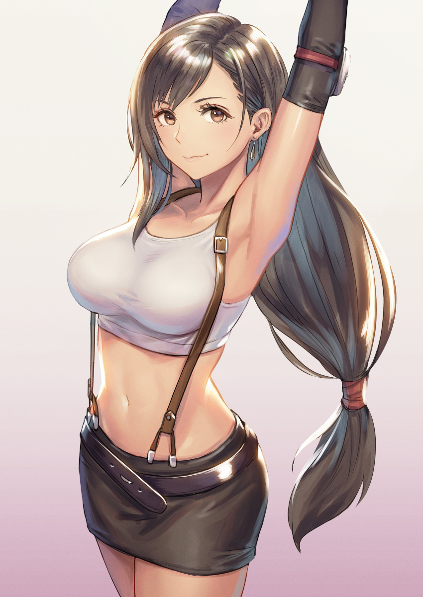 1girl absurdres anbe_yoshirou armpits arms_up black_skirt breasts brown_eyes closed_mouth commentary_request crop_top earrings elbow_gloves elbow_pads feet_out_of_frame female final_fantasy final_fantasy_vii gloves highres jewelry large_breasts long_hair looking_at_viewer low-tied_long_hair midriff miniskirt navel pencil_skirt shirt skirt sleeveless smile standing suspender_skirt suspenders tank_top taut_clothes taut_shirt thighs tifa_lockhart