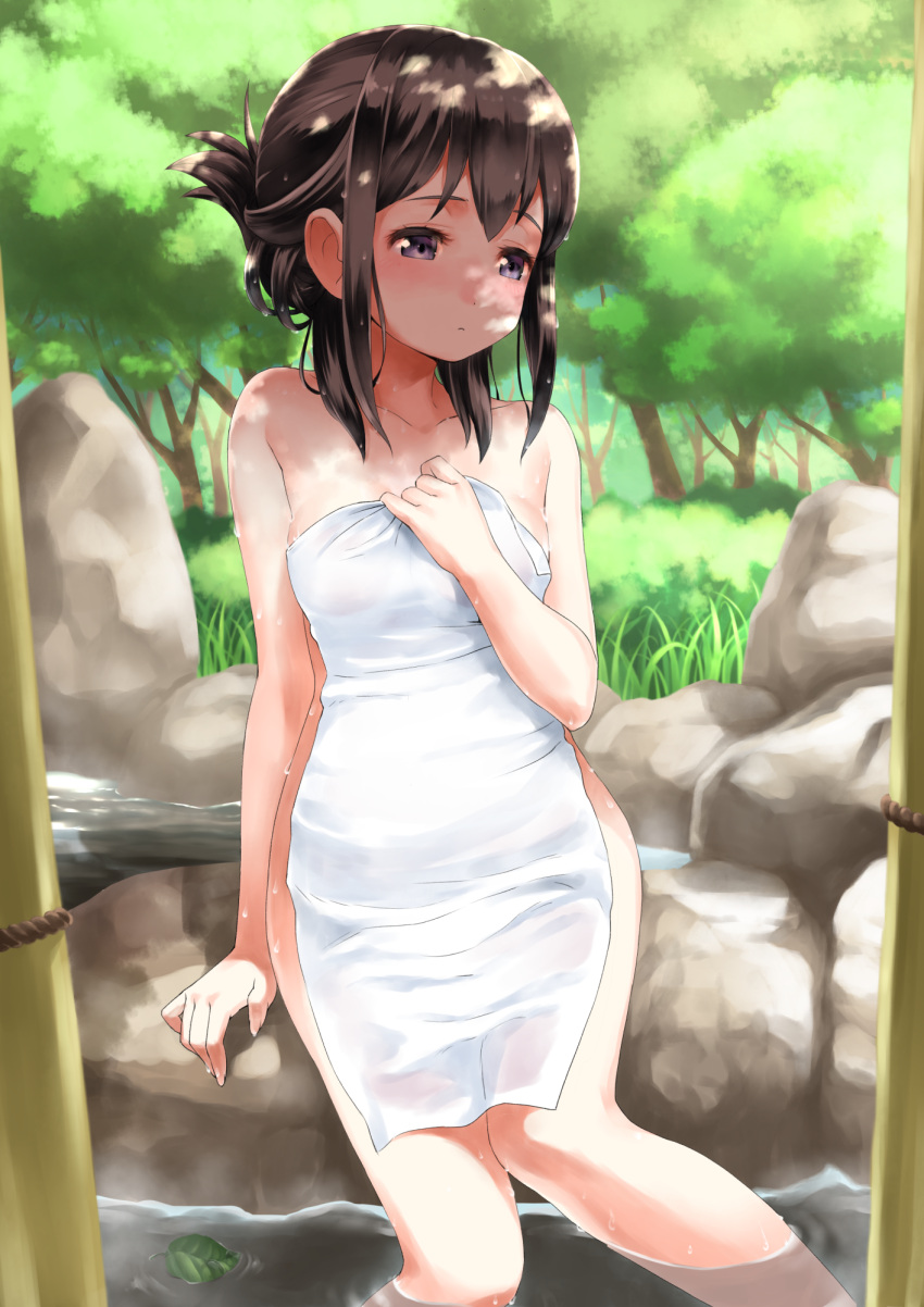 1girl akemi_homura alternate_hairstyle arm_at_side arm_support bangs black_hair blush breasts bush collarbone commentary_request covering dappled_sunlight day folded_ponytail grass highres leaf long_hair mahou_shoujo_madoka_magica medium_breasts nude nude_cover onsen outdoors revision rin2008 rock rope shade sitting soaking_feet solo sunlight towel tree tree_shade violet_eyes water wet
