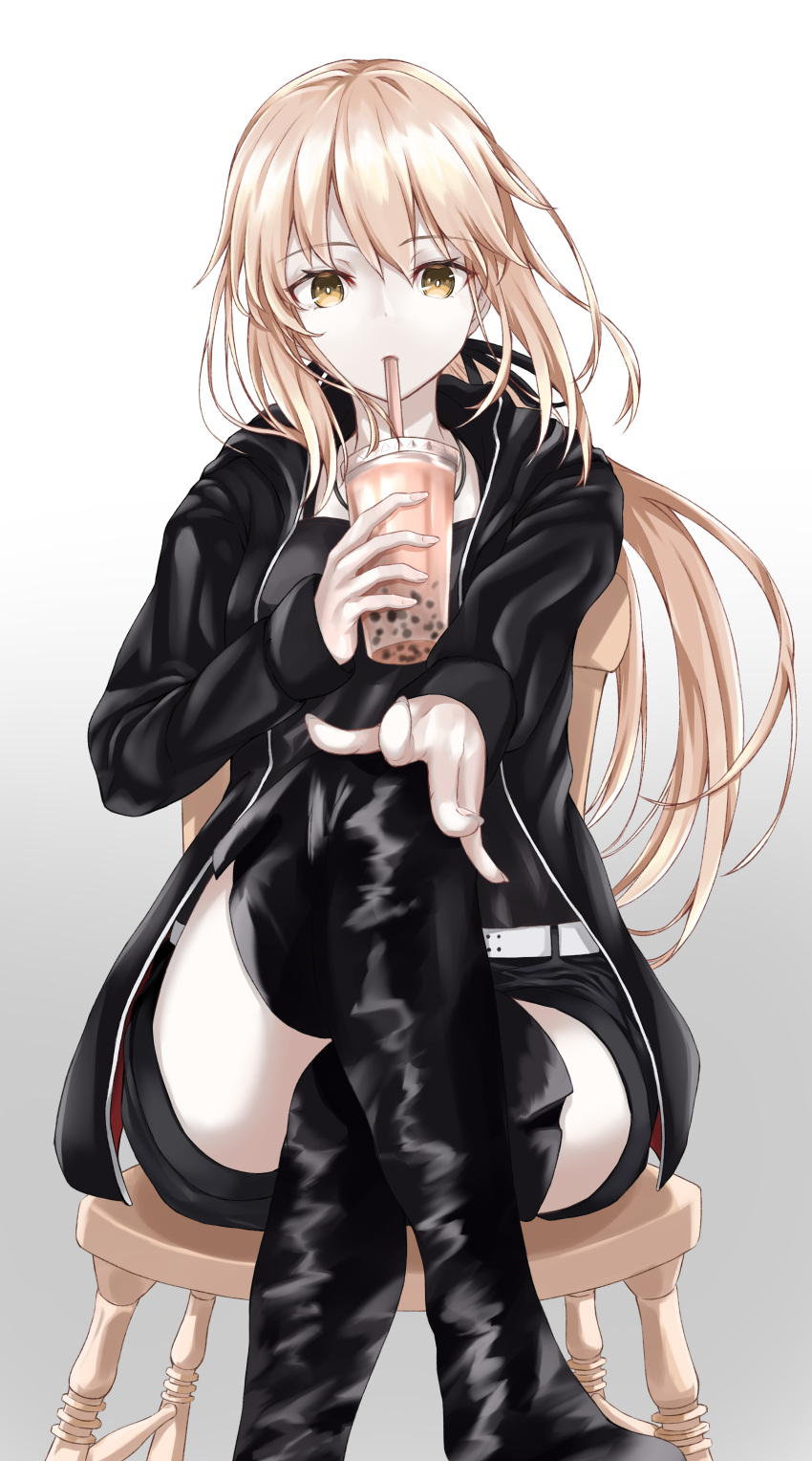 1girl absurdres artoria_pendragon_(all) black_footwear black_ribbon blonde_hair boots bubble_tea chair crossed_legs drinking_straw fate/grand_order fate_(series) fingernails grey_background hair_ribbon highres long_fingernails long_hair looking_at_viewer outstretched_arm ponytail raised_eyebrows ribbon saber_alter short_hair solo thigh-highs thigh_boots thighs yellow_eyes yu_sa1126