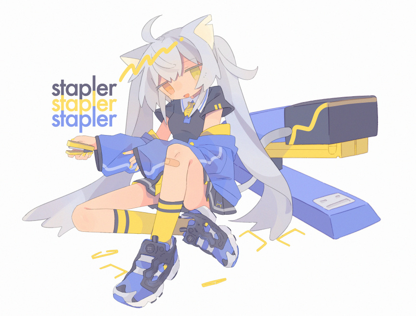 1girl :d animal_ears bandaid bandaid_on_knee cat_ears cat_girl cat_tail daizu_(melon-lemon) english_text full_body head_tilt heterochromia highres holding huge_filesize long_hair looking_at_viewer open_mouth original shoes short_sleeves sitting smile sneakers stapler tail twintails very_long_hair