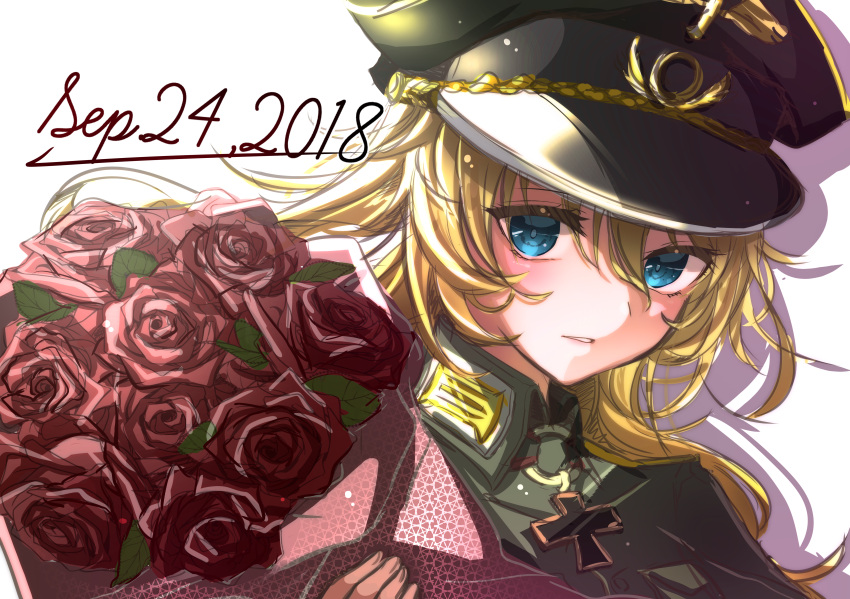 1girl 2018 absurdres black_headwear blonde_hair blue_eyes bouquet bouquetforangel dated floating_hair flower hair_between_eyes hat highres holding holding_bouquet huge_filesize long_hair looking_at_viewer military military_uniform parted_lips peaked_cap print_hat red_flower red_rose rose sketch solo tanya_degurechaff uniform upper_body white_background youjo_senki