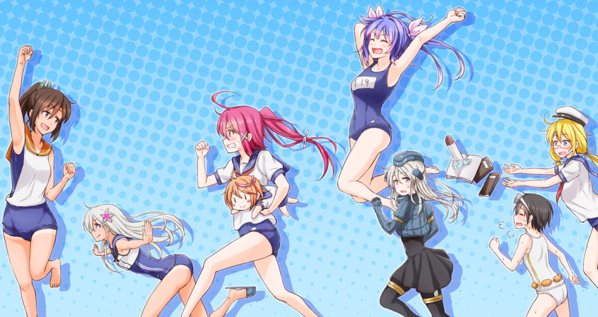 6+girls :d :p ahoge anti_(untea9) bangs bare_shoulders barefoot black_hair blonde_hair blue_eyes blue_hair blush blush_stickers book breasts brown_eyes brown_hair chibi closed_eyes closed_mouth collarbone commentary_request crop_top cropped_jacket diving_mask dual_persona eyebrows_visible_through_hair fang flotation_belt flower garrison_cap glasses hair_between_eyes hair_flower hair_ornament hair_ribbon hairclip hat holding i-168_(kantai_collection) i-19_(kantai_collection) i-401_(kantai_collection) i-58_(kantai_collection) i-8_(kantai_collection) kantai_collection large_breasts long_hair long_sleeves low_twintails maru-yu_(kantai_collection) military military_uniform multiple_girls name_tag one-piece_swimsuit one-piece_tan open_mouth orange_hair outstretched_arms pantyhose peaked_cap ponytail puffy_long_sleeves puffy_sleeves red-framed_eyewear redhead ribbon ro-500_(kantai_collection) running sailor_collar sailor_hat school_swimsuit school_uniform semi-rimless_eyewear serafuku short_hair short_ponytail short_sleeves shorts simple_background smile standing swimsuit swimsuit_under_clothes tan tanline tongue tongue_out torpedo tri_tails twintails u-511_(kantai_collection) under-rim_eyewear uniform white_hair