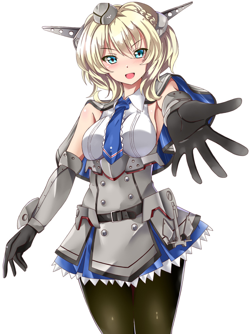 1girl black_gloves black_legwear blonde_hair blue_eyes blue_neckwear breasts capelet colorado_(kantai_collection) commentary_request dress elbow_gloves foreshortening garrison_cap gloves grey_dress hat headgear highres kantai_collection large_breasts looking_at_viewer necktie open_mouth pantyhose pleated_dress sebunsu shirt short_hair side_braids sideboob simple_background sleeveless smile solo white_background white_shirt