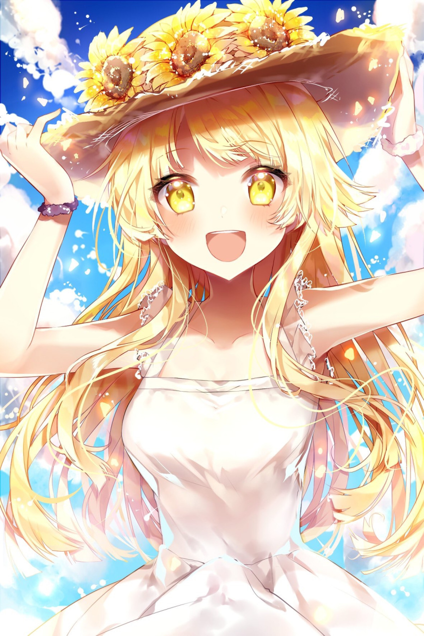 1girl :d arms_up bang_dream! bangs bare_shoulders blonde_hair blue_sky blush breasts brown_headwear clouds cloudy_sky collarbone day dress eyebrows_visible_through_hair flower hands_on_headwear hat hat_flower highres long_hair looking_at_viewer medium_breasts open_mouth outdoors sky sleeveless sleeveless_dress smile solo straw_hat sunflower taya_5323203 tsurumaki_kokoro upper_body very_long_hair white_dress yellow_eyes yellow_flower
