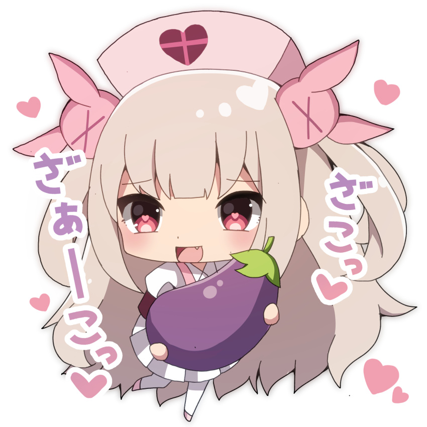 &gt;_&lt; 1girl :d absurdres big_head blush bunny_hair_ornament chibi eggplant fang food full_body hair_ornament hat heart heart-shaped_pupils highres holding holding_food light_brown_hair long_hair natori_sana nurse_cap open_mouth pantyhose pink_footwear pink_headwear pleated_skirt puffy_short_sleeves puffy_sleeves red_eyes sana_channel sapphire_(sapphire25252) shirt short_sleeves simple_background skirt smile solo standing standing_on_one_leg symbol-shaped_pupils translation_request two_side_up very_long_hair virtual_youtuber white_background white_legwear white_shirt white_skirt