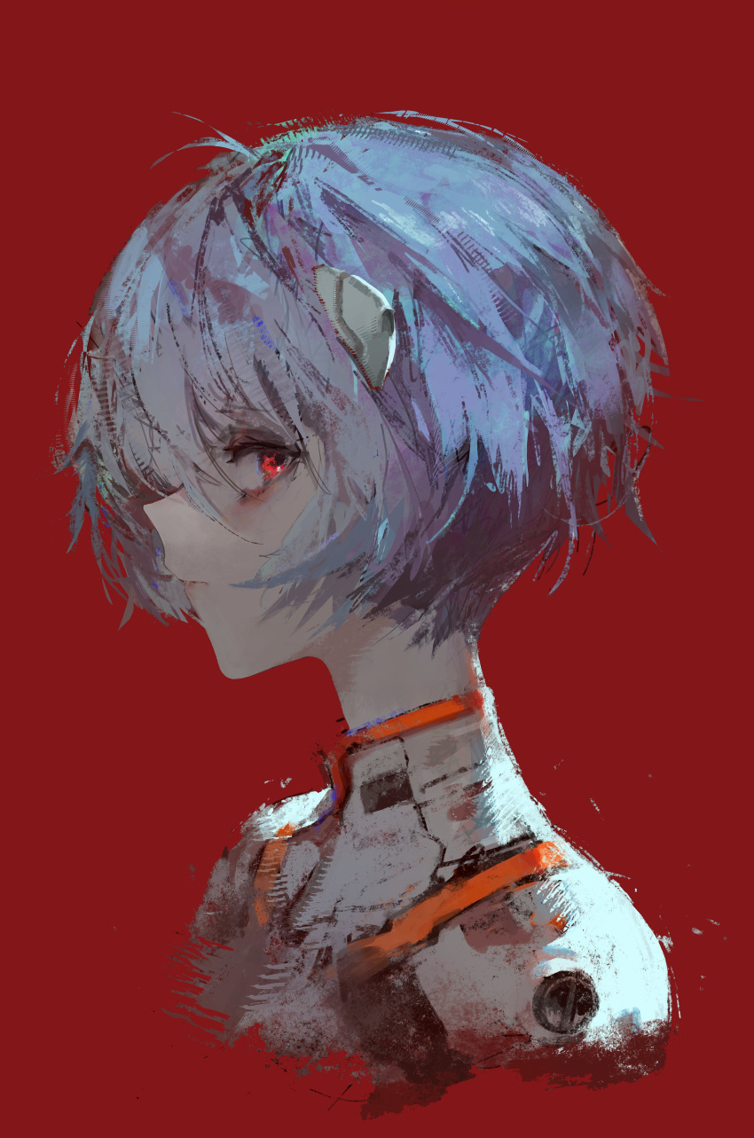 1girl absurdres ayanami_rei blue_hair bob_cut bodysuit closed_mouth commentary from_side headgear highres looking_at_viewer looking_to_the_side neon_genesis_evangelion painterly plugsuit portrait profile red_background red_eyes rsef short_hair sideways_glance simple_background solo white_bodysuit