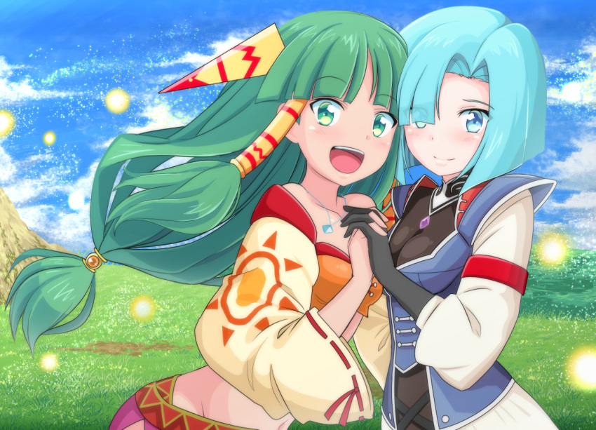 2girls :d bangs black_gloves blue_eyes blue_hair blue_sky breasts closed_mouth clouds day eyebrows_visible_through_hair eyes_visible_through_hair facing_another feena_(grandia) gloves grandia grandia_i grass green_eyes green_hair groin hair_intakes hair_over_one_eye hair_tubes holding_hands interlocked_fingers jewelry kayama_kenji leen_(grandia) light_blue_eyes light_blue_hair long_hair looking_at_viewer low-tied_long_hair multiple_girls navel necklace open_mouth outdoors ribbon-trimmed_sleeves ribbon_trim short_hair siblings sisters sky sleeves_past_elbows small_breasts smile teeth wide_sleeves