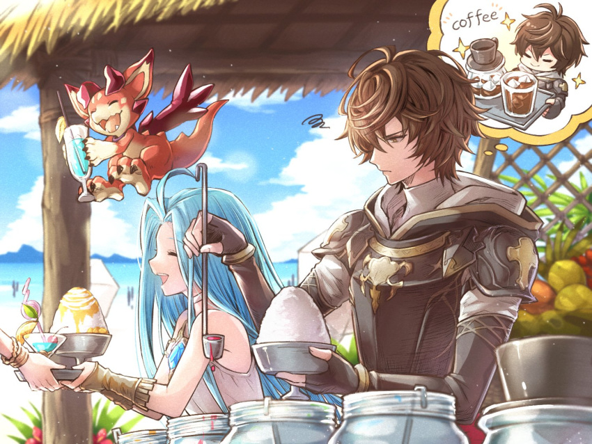 1boy 1girl :d ahoge armor beach brown_eyes closed_eyes coffee coffee_cup coffee_mug cup disposable_cup dragon drink elbow_gloves food fruit frustrated gloves granblue_fantasy hood hoodie light_blue_hair long_hair lyria_(granblue_fantasy) mug official_art open_mouth sandalphon_(granblue_fantasy) shaved_ice smile smug sparkle vee_(granblue_fantasy) very_long_hair