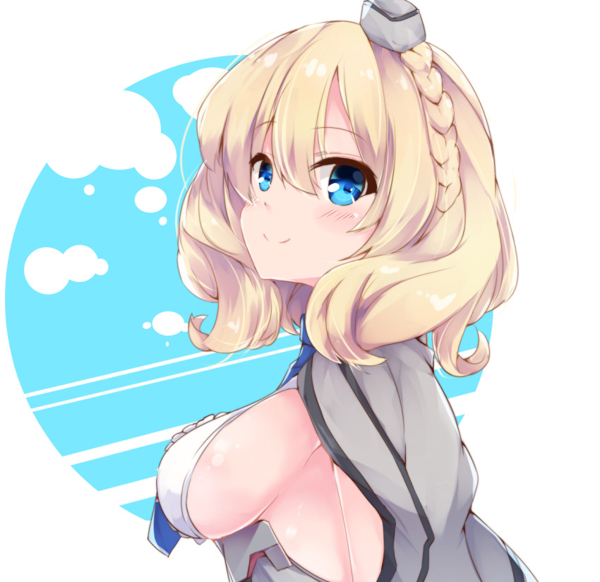 1girl blonde_hair blue_eyes blue_neckwear blush breasts capelet closed_mouth colorado_(kantai_collection) eyebrows_visible_through_hair fuuna garrison_cap hair_between_eyes hat headgear kantai_collection large_breasts looking_at_viewer necktie short_hair side_braids sideboob smile solo