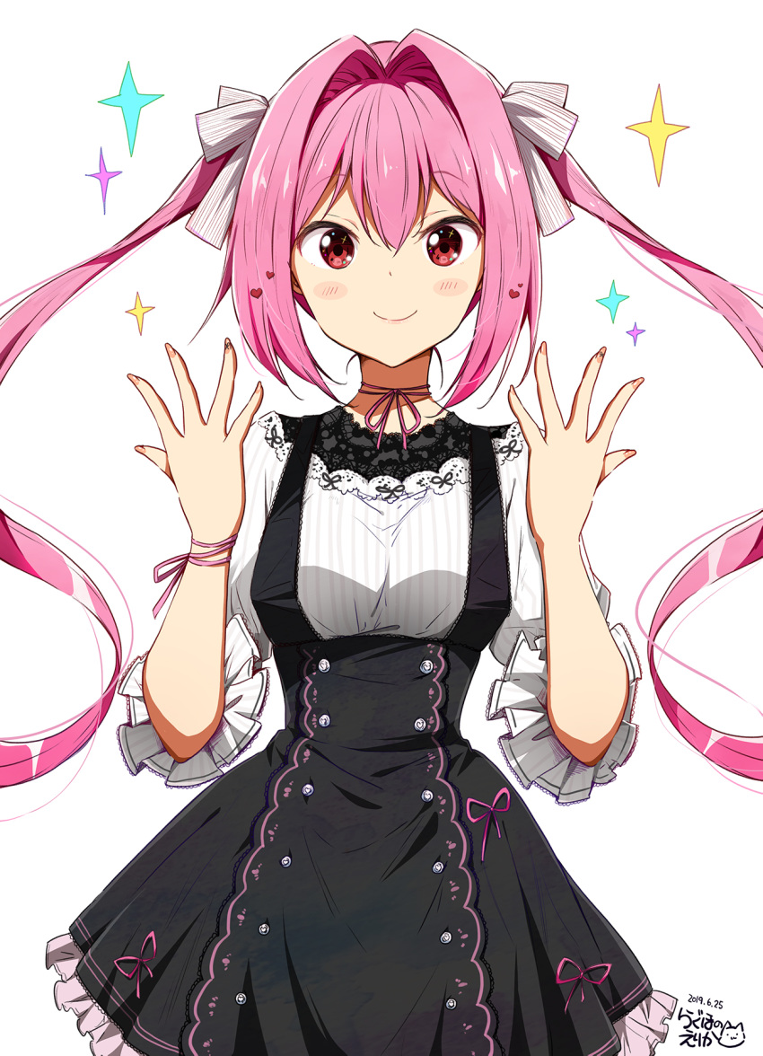 1girl bangs black_dress blush_stickers bow breasts brown_nails chikanoko closed_mouth commentary_request dated dress eyebrows_visible_through_hair fingernails frilled_dress frills hair_between_eyes hair_bow hair_intakes hair_ornament heart heart_hair_ornament highres long_hair nail_polish neck_ribbon pink_hair pink_ribbon ragho_no_erika red_eyes ribbon shirt sidelocks signature simple_background sleeveless sleeveless_dress small_breasts smile solo sparkle striped striped_bow striped_shirt tsugou_makina twintails vertical-striped_shirt vertical_stripes very_long_hair white_background white_bow white_shirt