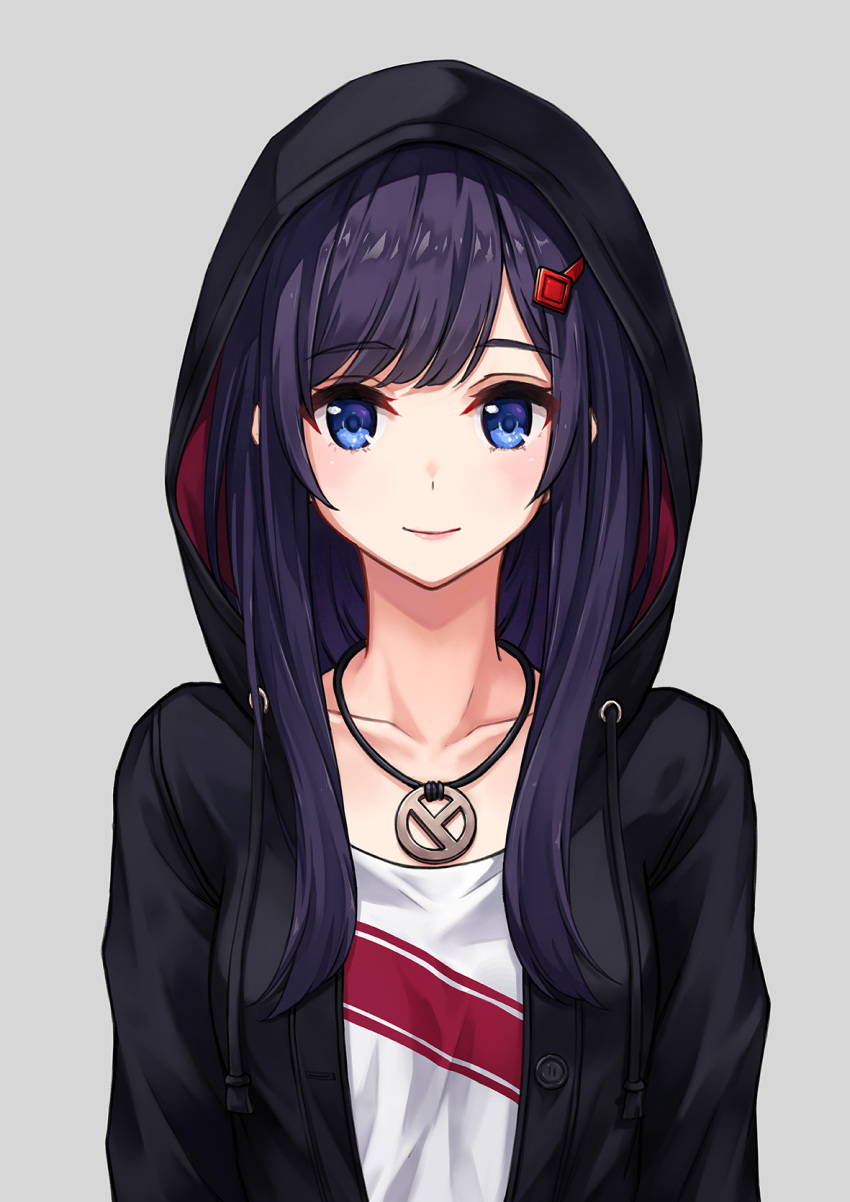 1girl blue_eyes blue_hair buttons closed_mouth collarbone drawstring grey_background hair_ornament hairclip highres hood hoodie hoodier jewelry long_hair looking_at_viewer necklace original shirt sidelocks simple_background smile solo upper_body white_shirt