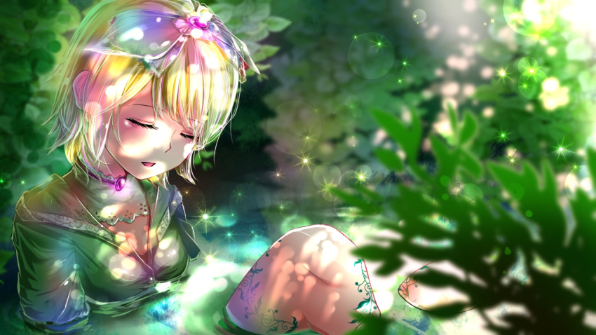 1girl blonde_hair closed_eyes dappled_sunlight day kagamine_rin lens_flare open_mouth outdoors partially_submerged shigemu_room short_hair solo sunlight upper_body vocaloid water