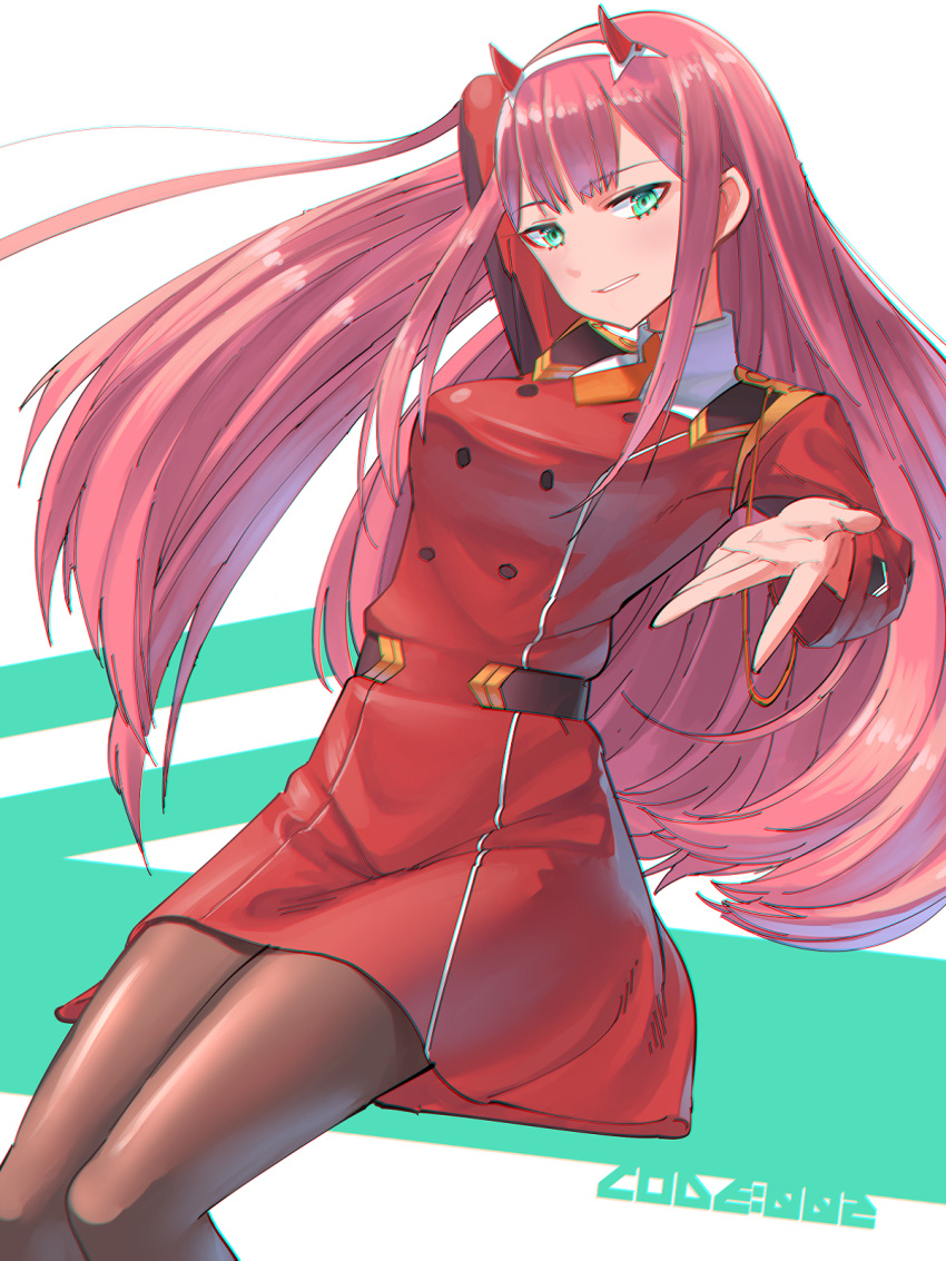 1girl arm_behind_head bangs brown_legwear character_name cogara darling_in_the_franxx dress floating_hair green_eyes grin hairband highres horns invisible_chair long_hair looking_at_viewer military military_uniform necktie orange_neckwear pantyhose pink_hair red_dress shiny shiny_hair short_dress short_necktie sitting smile solo turtleneck uniform very_long_hair white_background white_hairband zero_two_(darling_in_the_franxx)