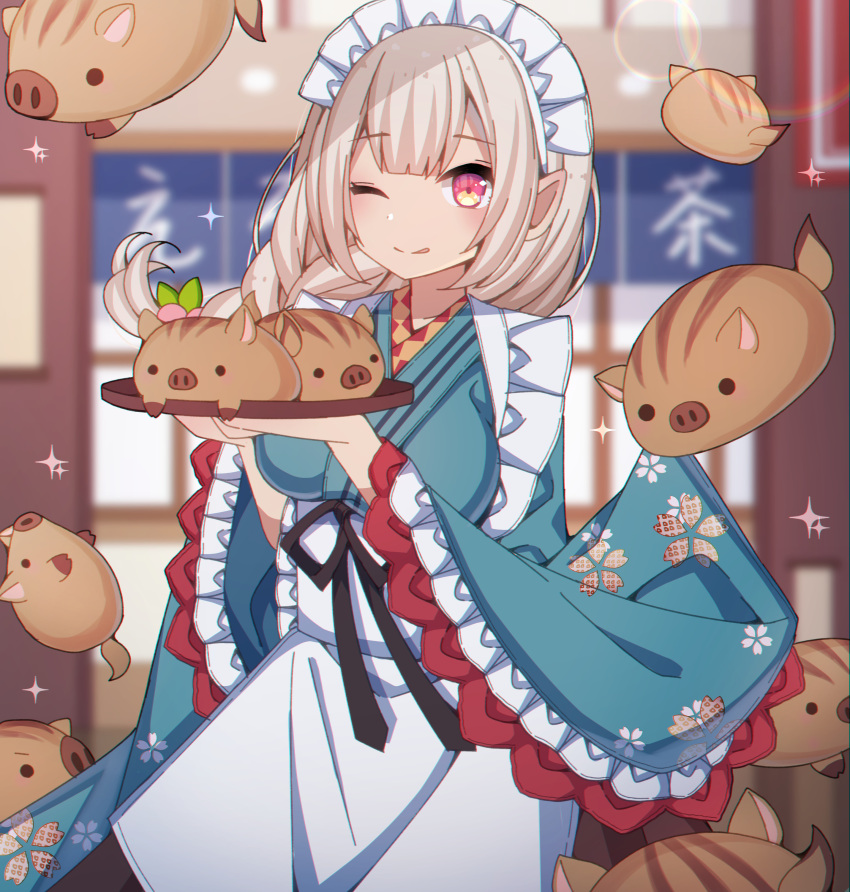 1girl ;p absurdres animal apron bangs black_ribbon blue_kimono blurry blurry_background blush boar braid breasts closed_mouth depth_of_field elf elu_(nijisanji) eyebrows_visible_through_hair floral_print hands_up highres holding holding_tray japanese_clothes kimono light_brown_hair long_hair long_sleeves medium_breasts nijisanji one_eye_closed pointy_ears print_kimono red_eyes ribbon sapphire_(sapphire25252) single_braid smile solo sparkle tongue tongue_out tray virtual_youtuber waist_apron white_apron wide_sleeves