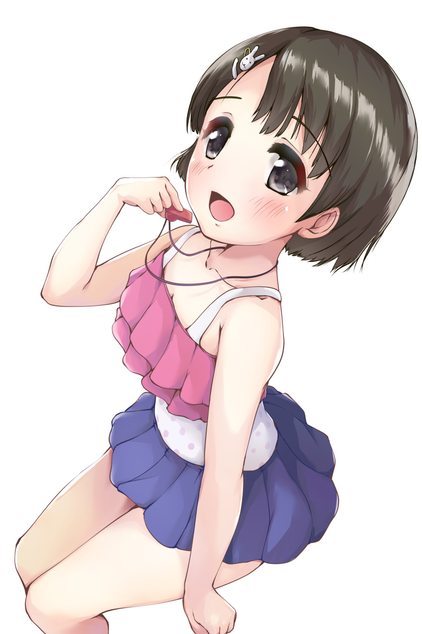 1girl :d absurdres bangs bare_arms bare_shoulders bikini_top blue_skirt blush brown_hair bunny_hair_ornament collarbone commentary_request eyebrows_visible_through_hair grey_eyes hair_ornament hand_up highres holding_whistle idolmaster idolmaster_cinderella_girls kuroba_aki looking_at_viewer open_mouth pink_bikini_top pleated_skirt sasaki_chie short_hair simple_background sitting skirt smile solo whistle whistle_around_neck white_background