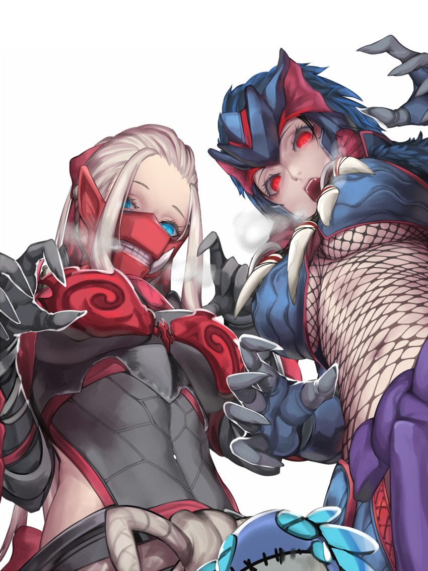 2girls black_leotard blue_eyes blue_hair bodysuit breastplate breasts character_doll claw_pose covered_face eyelashes fang fishnet_bodysuit fishnets forehead_protector from_below heavy_breathing highres kumiko_shiba large_breasts leotard looking_at_viewer looking_down mask monster_hunter monster_hunter:_world multiple_girls nargacuga_(armor) navel odogaron_(armor) open_mouth platinum_blonde_hair red_eyes sleeveless tusks under_boob white_background wiggler_helm_(armor)