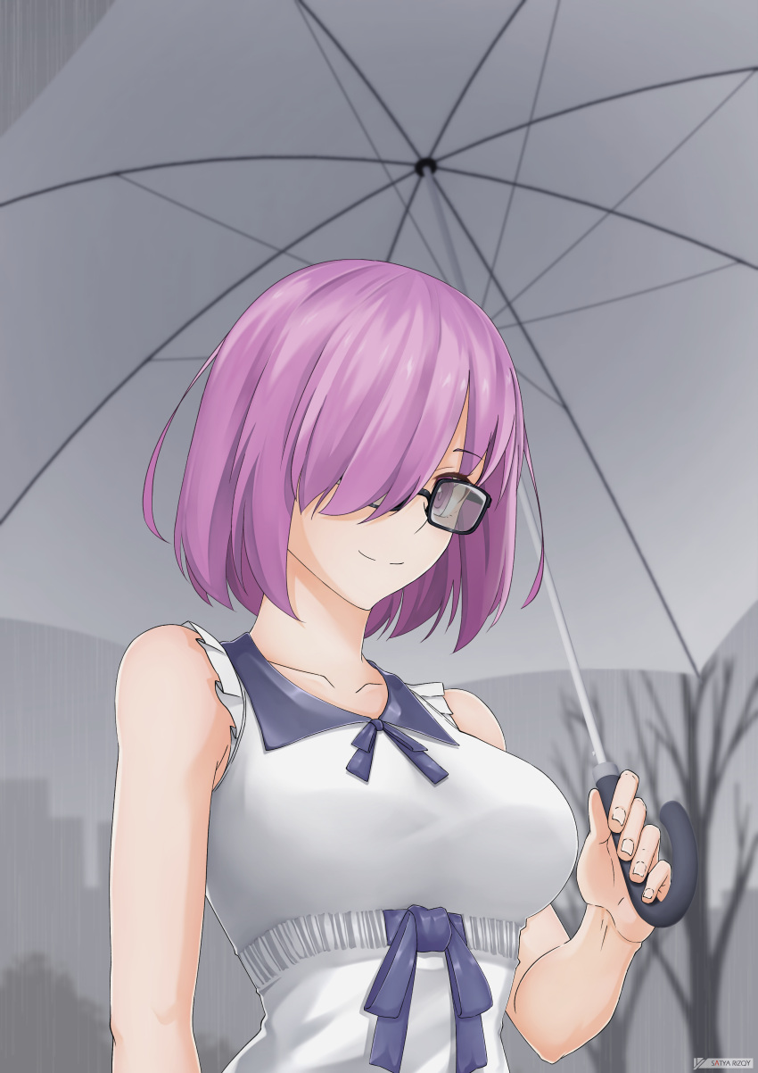 1girl absurdres fate/grand_order fate_(series) hair_over_one_eye highres looking_at_viewer mash_kyrielight purple_hair rain satyarizqy short_hair smile solo umbrella upper_body violet_eyes