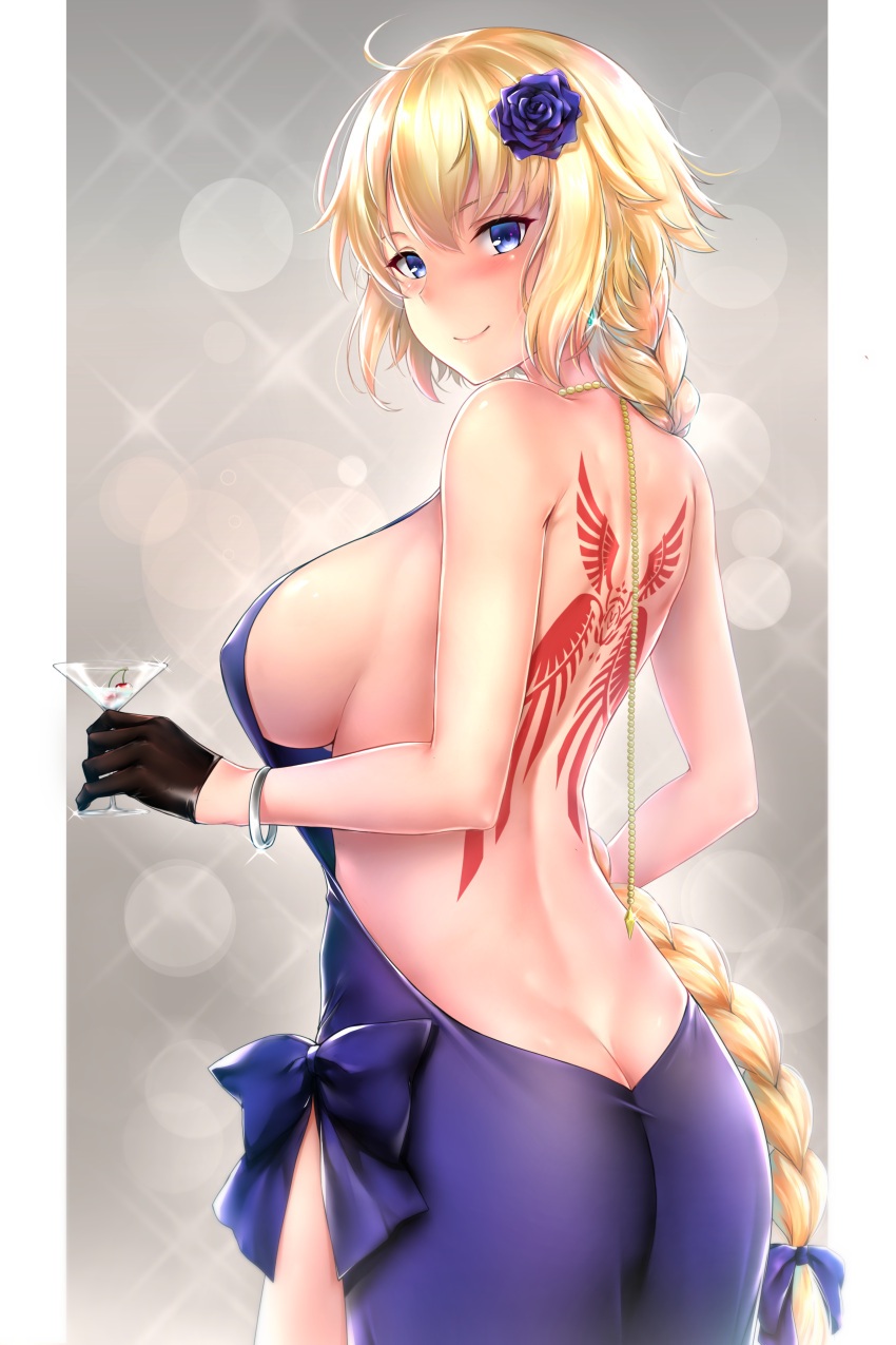 1girl absurdres ass back back_tattoo backless_dress backless_outfit bangs bare_back black_gloves blonde_hair blue_dress blue_eyes blue_flower blue_rose blush bracelet braid breasts closed_mouth cocktail_glass cup dress drinking_glass fate/apocrypha fate_(series) flower gloves hair_between_eyes hair_flower hair_ornament highres huge_filesize jeanne_d'arc_(fate) jeanne_d'arc_(fate)_(all) jewelry large_breasts long_hair looking_at_viewer paid_reward patreon_reward rei_kun rose sideboob single_braid smile solo tattoo very_long_hair