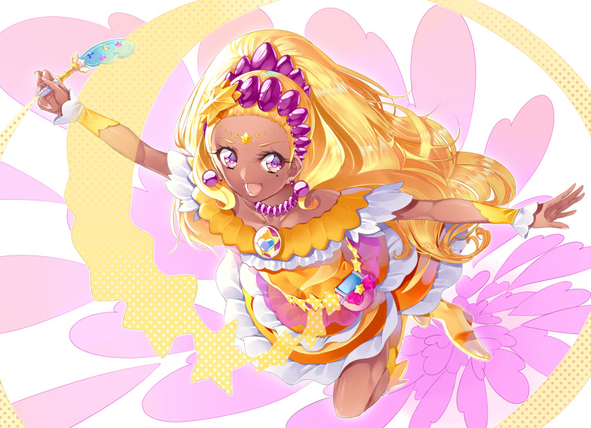 1girl :d amamiya_erena blonde_hair collarbone cure_soleil dark_skin dress full_body hair_ornament highres holding holding_pen jewelry layered_dress long_hair looking_at_viewer mole mole_under_eye necklace open_mouth outstretched_arms pen pink_eyes precure shiny shiny_hair short_dress sleeveless sleeveless_dress smile solo star star_hair_ornament star_twinkle_precure very_long_hair yuutarou_(fukiiincho)