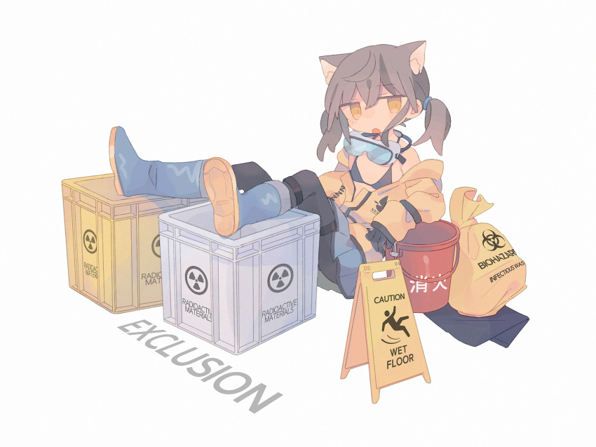 1girl :o animal_ears black_gloves blue_skirt bucket cat_ears daizu_(melon-lemon) english_text flat_chest gloves grey_background highres jitome looking_at_viewer low_twintails no_nose open_mouth original pleated_skirt shoe_soles sign simple_background sitting skirt twintails warning_sign