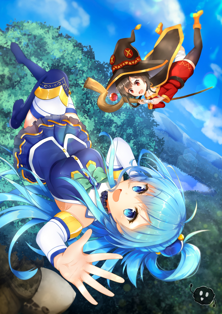 2girls absurdres aqua_(konosuba) bandaged_leg bandages bare_shoulders belt black_gloves black_hair black_legwear blue_eyes blue_hair blue_sky blush boots breasts cape commentary_request day detached_sleeves dress eyebrows_visible_through_hair fingerless_gloves forest geomdaeng gloves hair_ornament hair_rings hat highres huge_filesize kono_subarashii_sekai_ni_shukufuku_wo! large_breasts long_hair looking_at_viewer megumin multiple_girls nature no_panties open_mouth outdoors red_dress red_eyes short_hair single_thighhigh skirt sky smile solo thigh-highs very_long_hair witch_hat
