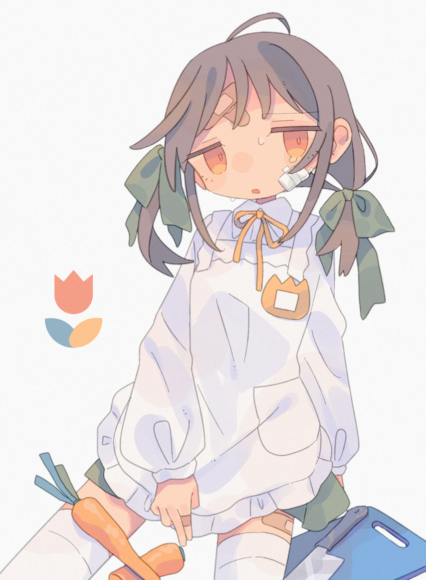 1girl ahoge apron bandaid bandaid_on_forehead brown_hair carrot cutting_board daizu_(melon-lemon) flower frilled_apron frills gradient_hair green_ribbon grey_background hair_ornament hair_ribbon highres jitome kitchen_knife knife long_sleeves looking_at_viewer low_twintails medium_hair multicolored_hair muted_color name_tag no_nose orange_eyes original parted_lips pocket puffy_sleeves ribbon simple_background sitting solo sweat tears thigh-highs tulip twintails white_apron white_legwear wing_collar yellow_neckwear