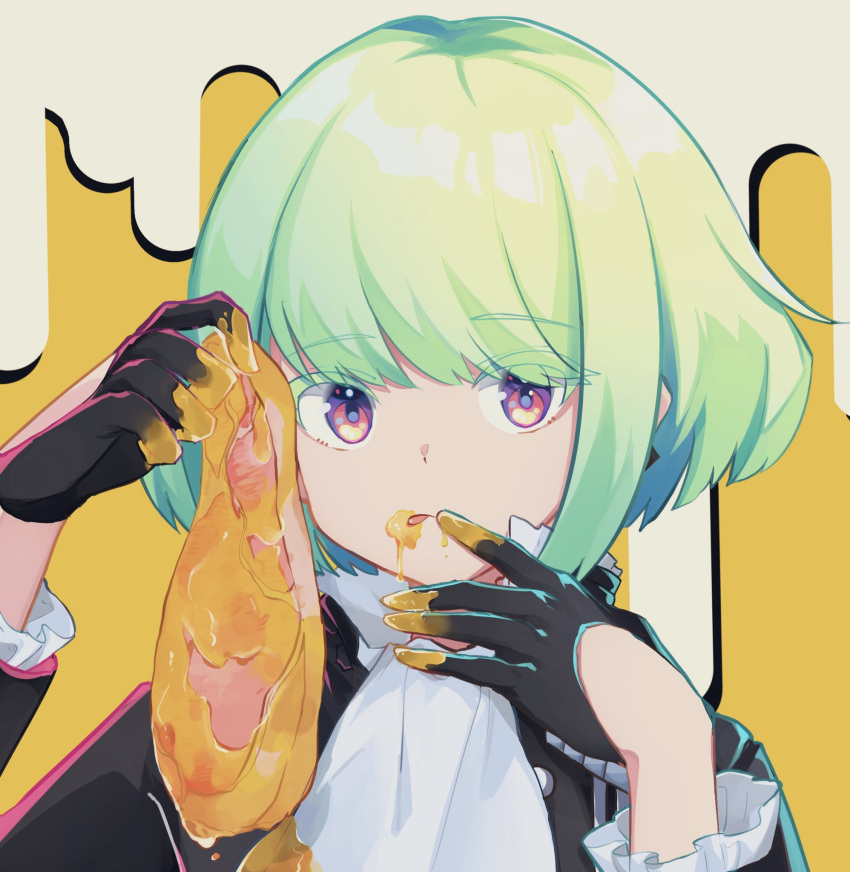 1boy artist_request black_gloves black_jacket blonde_hair cravat earrings food gloves green_hair half_gloves highres jacket jewelry lio_fotia looking_at_viewer male_focus pizza promare solo violet_eyes