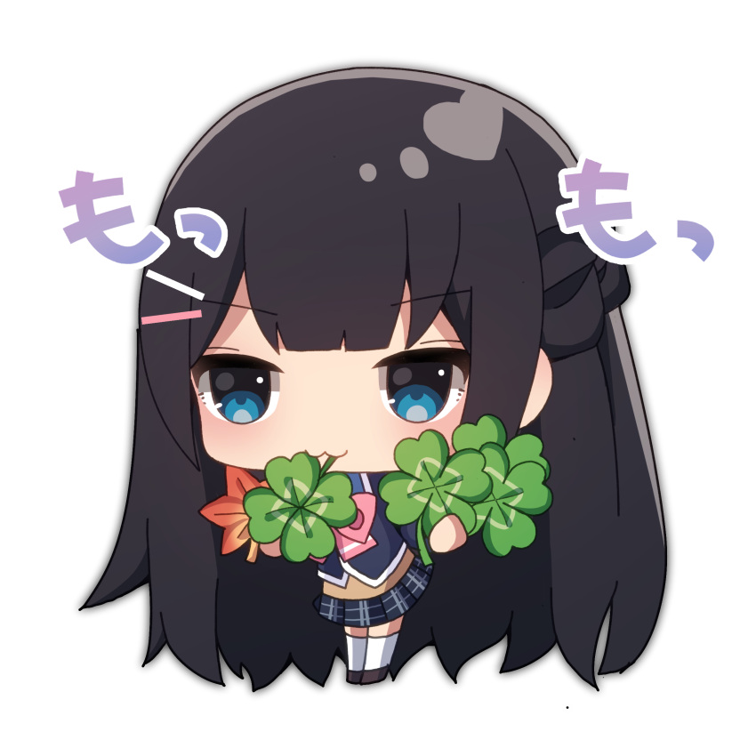1girl :3 absurdres autumn_leaves bangs big_head black_hair black_jacket black_skirt blazer blue_eyes blush bow braid brown_footwear chibi closed_mouth clover eyebrows_visible_through_hair four-leaf_clover full_body hair_ornament hairclip highres holding jacket long_hair looking_away mouth_hold nijisanji pink_bow plaid plaid_skirt pleated_skirt sapphire_(sapphire25252) simple_background skirt solo standing thigh-highs tsukino_mito very_long_hair virtual_youtuber white_background white_legwear
