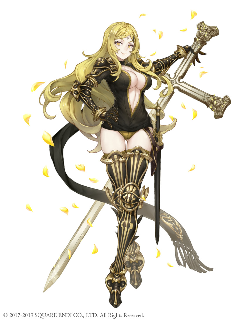 1girl absurdres armored_boots blonde_hair boots breasts center_opening choker cross crossed_legs drag-on_dragoon drag-on_dragoon_3 facial_mark five_(drag-on_dragoon) forehead_mark full_body gauntlets gold_trim hair_ornament hairclip highres impossible_clothes ji_no large_breasts long_hair looking_at_viewer mole mole_under_eye official_art petals shoulder_armor sinoalice smile solo square_enix sword watson_cross weapon white_background yellow_eyes