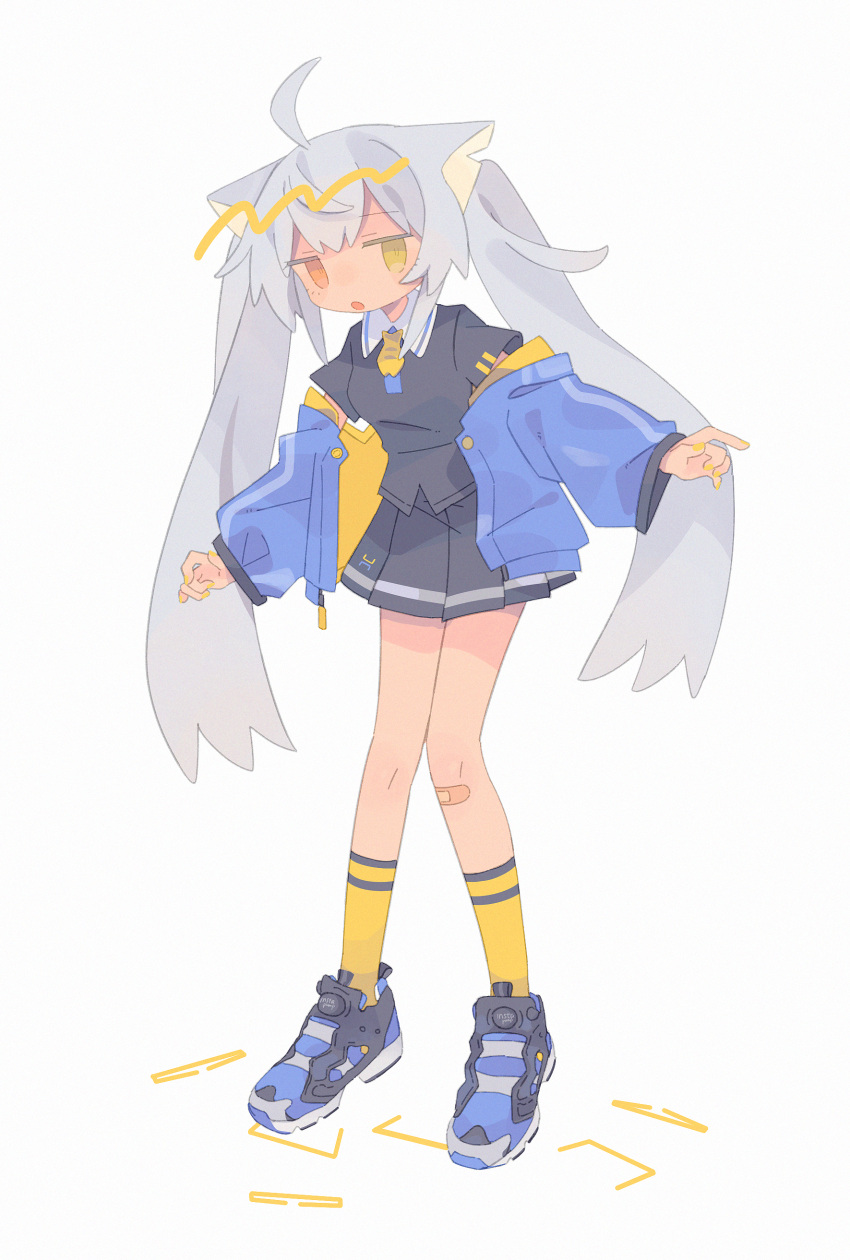 1girl :o absurdres ahoge animal_ears bandaid bangs black_skirt cat_ears daizu_(melon-lemon) grey_background heterochromia highres jitome long_hair looking_at_viewer no_nose open_mouth original pleated_skirt shoes sidelocks simple_background skirt sneakers standing twintails very_long_hair yellow_footwear yellow_neckwear