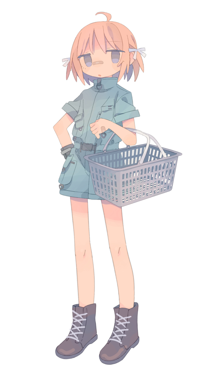 1girl absurdres ankle_boots bandaid bandaid_on_hand black_gloves blue_eyes boots brown_footwear cross-laced_footwear daizu_(melon-lemon) full_body gloves hair_ornament hand_on_hip hand_up highres jitome looking_at_viewer original parted_lips pink_hair shopping_basket short_hair short_sleeves simple_background standing white_background