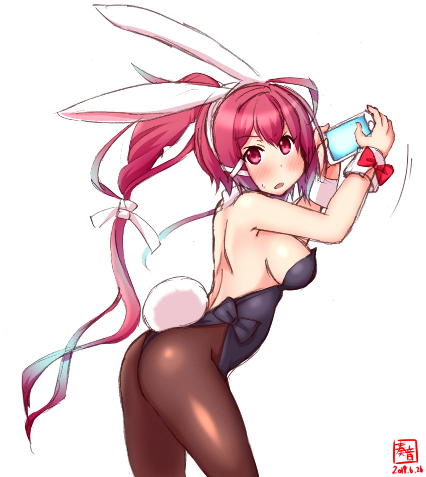 1girl alternate_costume animal_ears ass black_legwear blush breasts bunny_girl bunny_tail bunnysuit cellphone eyebrows_visible_through_hair hair_between_eyes hair_ribbon highres i-168_(kantai_collection) kanon_(kurogane_knights) kantai_collection large_breasts long_hair open_mouth pantyhose phone ponytail rabbit_ears red_eyes redhead ribbon smartphone solo tail