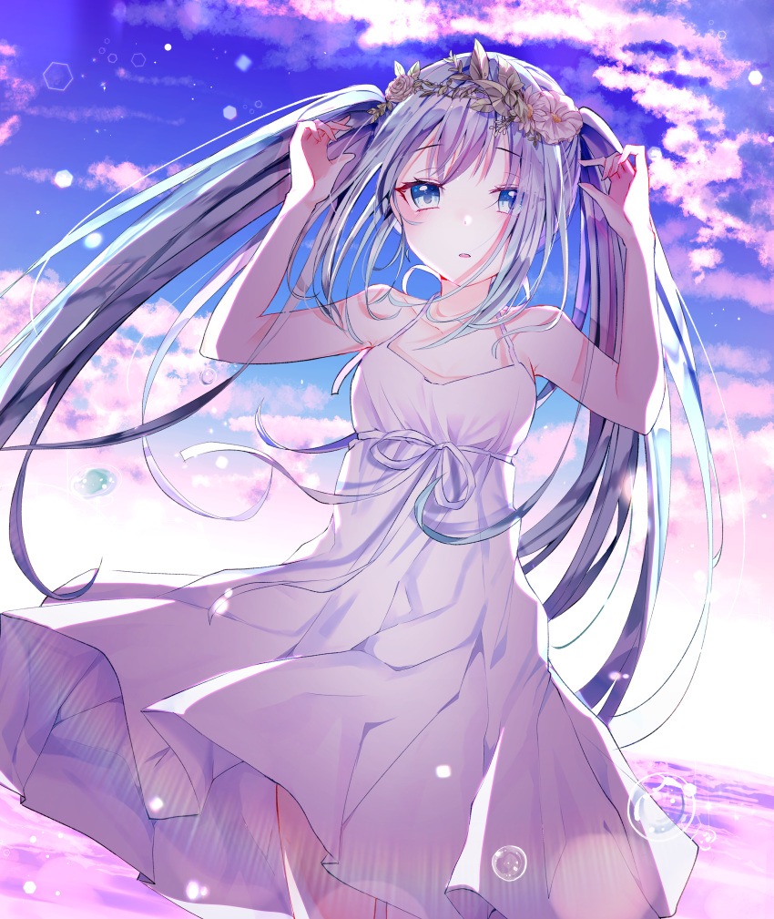 1girl absurdres arms_up backlighting bangs bare_arms bare_shoulders blue_sky breasts bubble clouds cloudy_sky collarbone day dress eyebrows_visible_through_hair fingernails flower green_eyes green_hair hatsune_miku head_wreath highres horizon long_hair miyo_(user_zdsp7735) ocean outdoors parted_lips pleated_dress sidelocks sky sleeveless sleeveless_dress small_breasts solo summer sunlight twintails very_long_hair vocaloid water white_dress white_flower