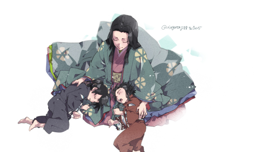 1girl 2boys brothers closed_eyes dororo_(tezuka) hyakkimaru_(dororo) japanese_clothes kimono lap_pillow layered_clothing layered_kimono long_hair mother_and_son multiple_boys nui_no_kata open_mouth ringorenji siblings sleeping tahoumaru twitter_username what_if