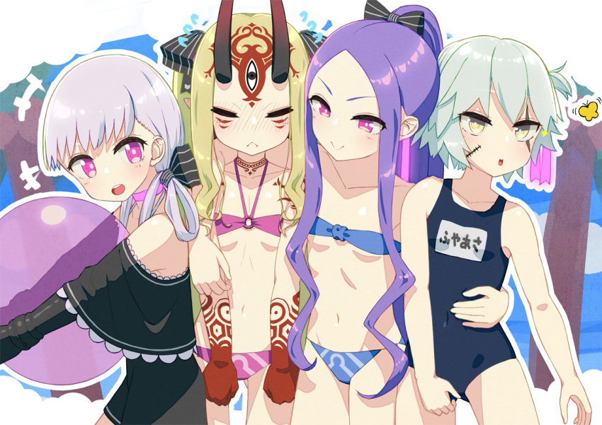 4girls 8key ball bangs bare_shoulders beachball bikini black_dress black_ribbon black_swimsuit blonde_hair blue_bikini blush bow breasts bug butterfly choker closed_eyes closed_mouth collarbone doll_joints dress facial_mark facial_scar fate/apocrypha fate/extra fate/grand_order fate_(series) forehead forehead_mark green_eyes hair_between_eyes hair_ribbon hair_rings horns ibaraki_douji_(fate/grand_order) insect jack_the_ripper_(fate/apocrypha) long_hair multiple_girls name_tag navel nursery_rhyme_(fate/extra) o-ring one-piece_swimsuit one_side_up oni oni_horns open_mouth parted_bangs pink_bikini pointy_ears ponytail ribbon scar scar_on_cheek smile striped striped_bow swimsuit tattoo thighs twintails very_long_hair violet_eyes white_hair wu_zetian_(fate/grand_order)