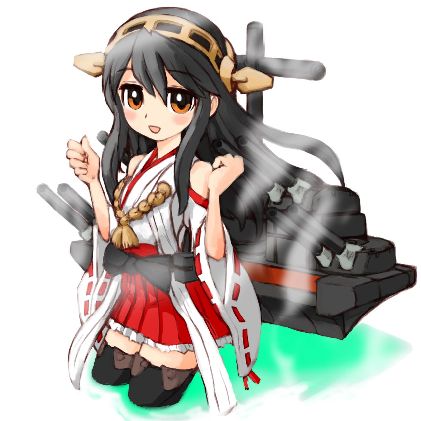 1girl absurdres bare_shoulders black_hair boots brown_eyes cowboy_shot detached_sleeves hair_ornament hairband hairclip haruna_(kantai_collection) headgear highres izuna_yoshitsune japanese_clothes kantai_collection long_hair looking_at_viewer machinery pleated_skirt red_skirt ribbon-trimmed_sleeves ribbon_trim simple_background skirt smile solo thigh-highs thigh_boots white_background