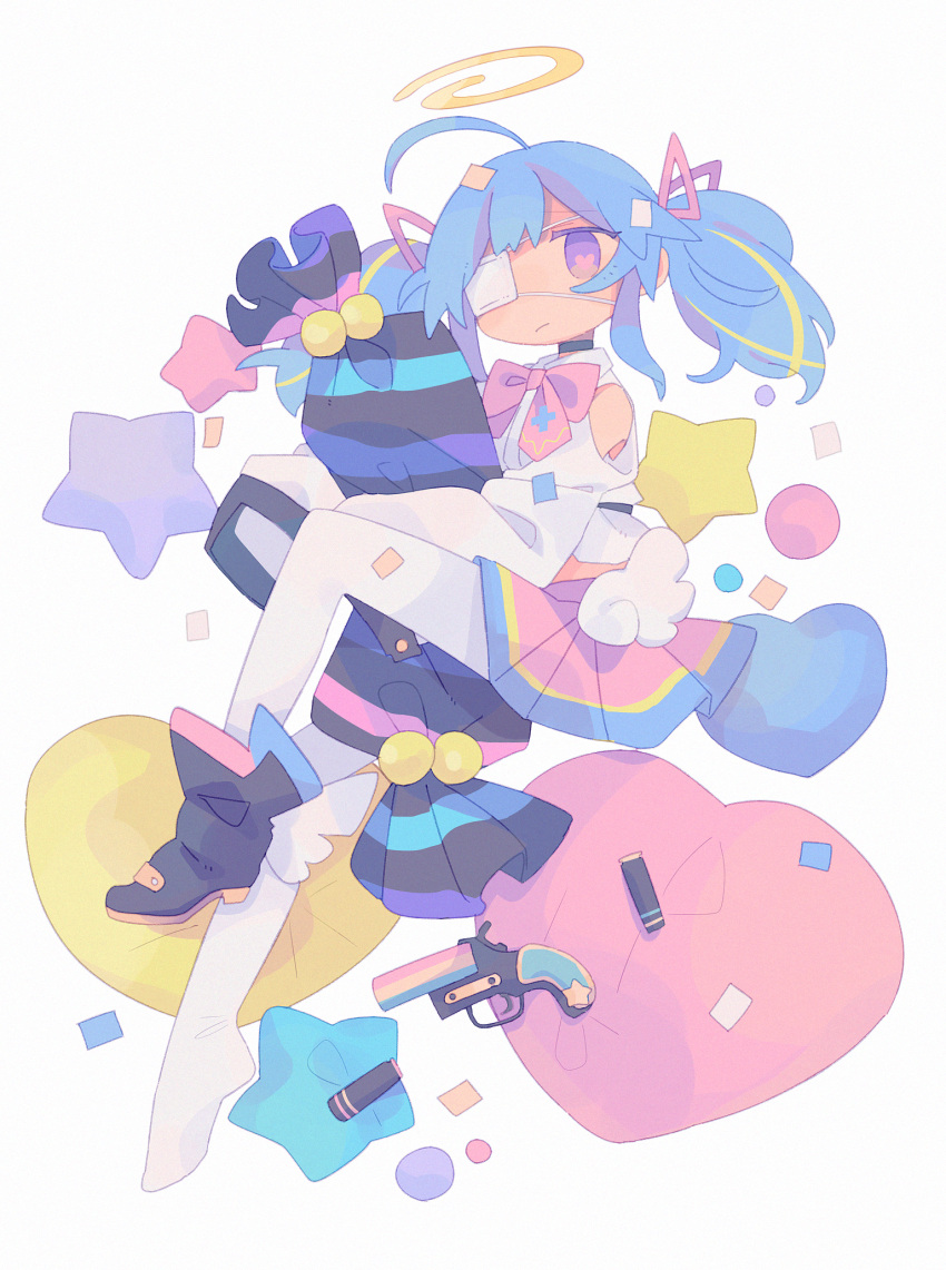 1girl ankle_boots blue_hair boots daizu_(melon-lemon) expressionless eyepatch floating gradient_eyes grey_background halo heart heart-shaped_pupils highres long_sleeves looking_at_viewer multicolored multicolored_eyes object_hug original pillow pleated_skirt shoes simple_background single_shoe skirt sleeves_past_wrists symbol-shaped_pupils twintails violet_eyes white_legwear