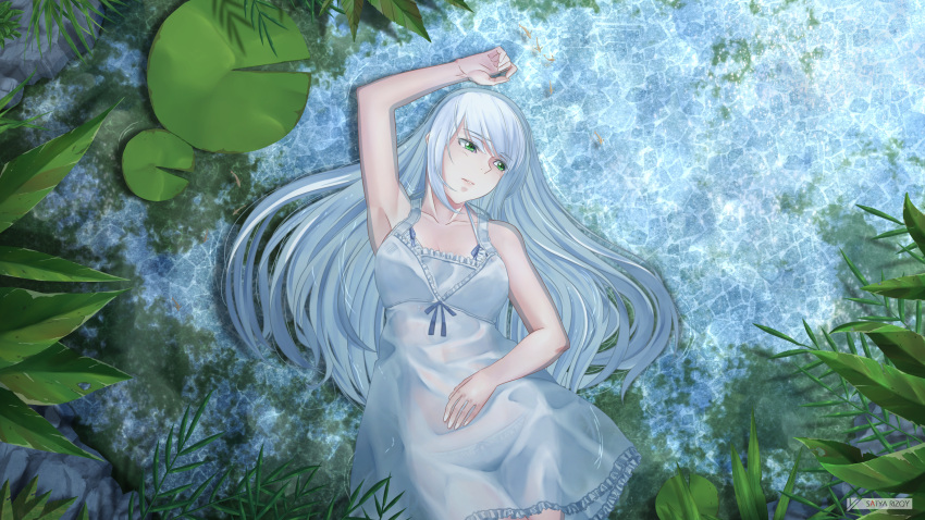 1girl absurdres armpits blue_hair bow bow_panties green_eyes highres lily_pad long_hair lying on_back original panties plant satyarizqy see-through solo thigh_gap underwear very_long_hair