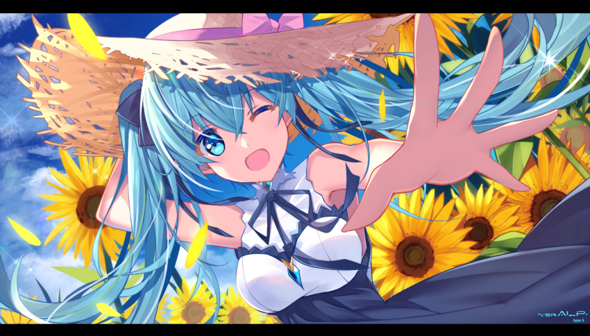 1girl aluppia blue_eyes blue_hair floating_hair flower foreshortening hat hatsune_miku highres long_hair one_eye_closed open_mouth outdoors outstretched_arm sky solo straw_hat sun_hat sunflower twintails vocaloid