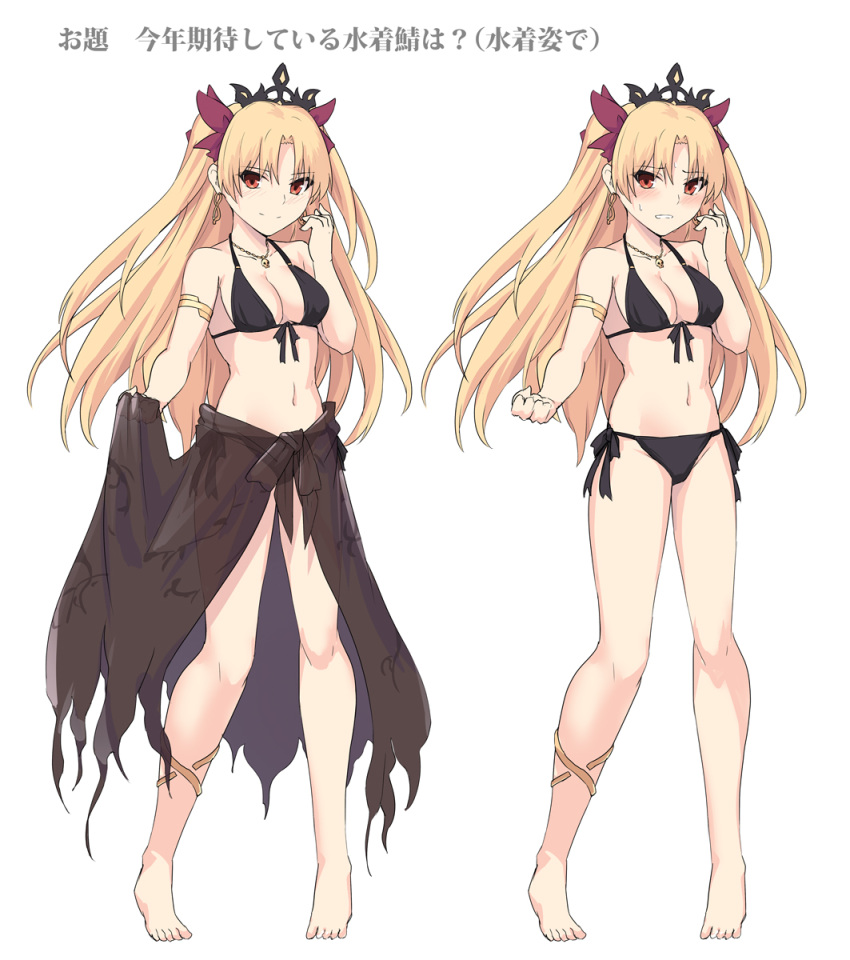 1girl bangs barefoot bikini black_bikini blonde_hair breasts character_chart commentary_request ereshkigal_(fate/grand_order) eyebrows_visible_through_hair fate/grand_order fate_(series) front-tie_top full_body highres long_hair looking_at_viewer medium_breasts parted_bangs red_eyes sarong shiseki_hirame side-tie_bikini simple_background solo standing swimsuit tiara translation_request two_side_up white_background