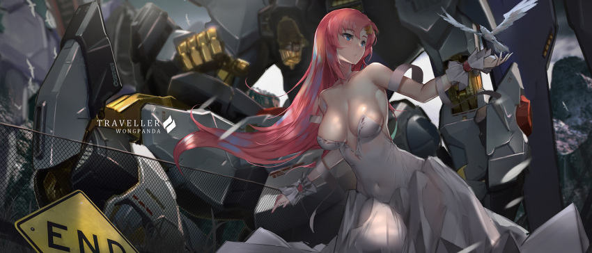 1girl bare_shoulders bird blue_eyes breasts collarbone commentary_request covered_navel dress gundam gundam_seed gundam_seed_destiny hair_ornament highres lacus_clyne large_breasts long_hair pandea_work pink_hair solo white_dress