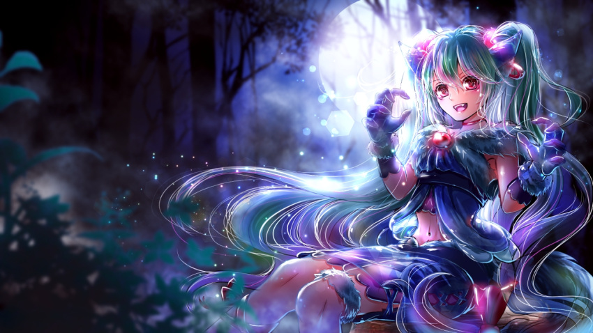 1girl :d animal_ears blurry blurry_background fangs floating_hair full_moon gloves green_hair hair_between_eyes hatsune_miku long_hair looking_at_viewer midriff moon navel night open_mouth outdoors purple_gloves red_eyes shigemu_room sitting smile solo stomach very_long_hair vocaloid wolf_ears