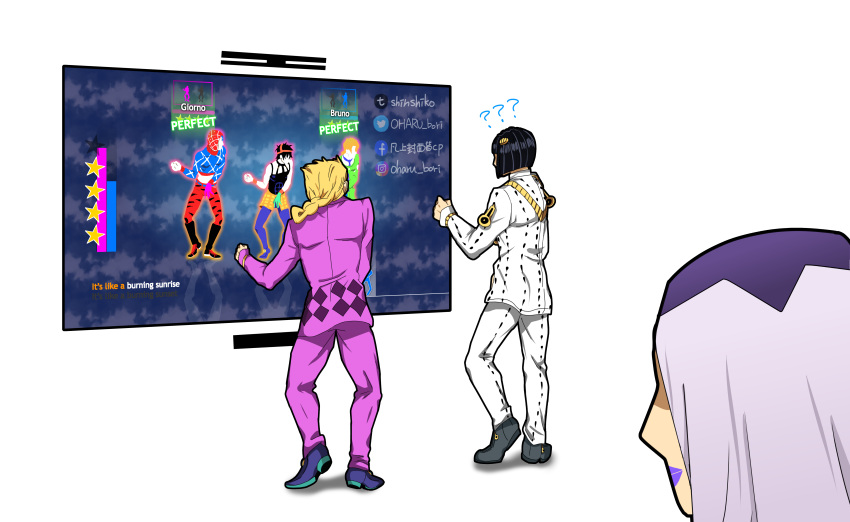 ? absurdres black_hair blonde_hair bruno_buccellati dancing faceless formal from_behind giorno_giovanna guido_mista highres jojo_no_kimyou_na_bouken just_dance leone_abbacchio multiple_boys narancia_ghirga pannacotta_fugo pink_suit playing_games seragigi124 simple_background suit television torture_dance vento_aureo video_game white_background white_hair white_suit