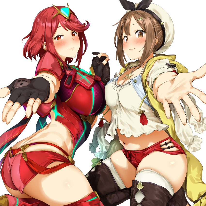 2girls ass atelier_(series) atelier_ryza bangs belt blue_belt boots breasts bridal_legwear brown_belt brown_gloves crossover earrings fingerless_gloves gem gloves hair_ornament hairclip headpiece highres pyra_(xenoblade) jacket jewelry large_breasts leather leather_belt leather_gloves multiple_girls necklace pija_(pianiishimo) red_eyes red_shorts redhead reisalin_stout round-bottom_flask short_hair short_shorts shorts shoulder_armor shoulder_cutout single_glove sleeveless_jacket star star_necklace swept_bangs thighs tiara toeless_boots vial white_headwear xenoblade_(series) xenoblade_2 yellow_jacket